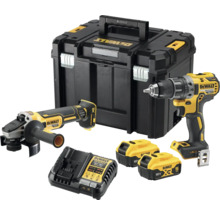 Sada náradia DeWalt s vŕtačkou, uhlovou brúskou, kufríkom na náradie, nabíjačkou a dvoma batériami