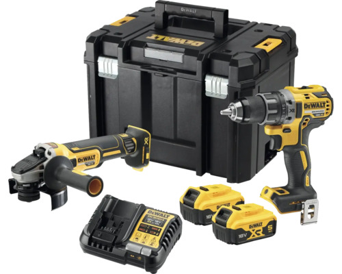 Sada náradia DeWalt s vŕtačkou, uhlovou brúskou, kufríkom na náradie, nabíjačkou a dvoma batériami