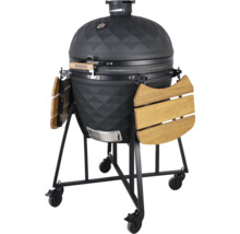 Čierny keramický gril na kolieskach s drevenými policami