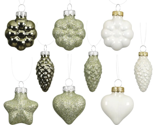 Rôzne vianočné gule v tvare hviezd, sŕdc a šišiek
