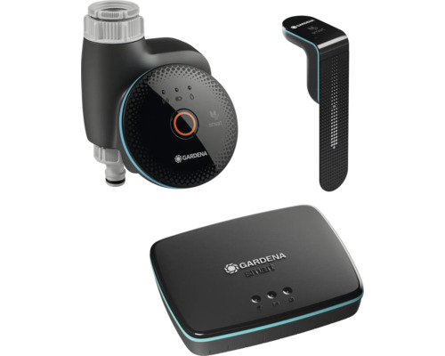 Gardena Smart System pozostávajúci z ovládania zavlažovania, senzora a brány