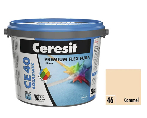 Škárovacia hmota CERESIT CE 40 Aquastatic 5 kg 46 caramel Ceresit CE 40 Aquastatic Premium Flex škárovacia hmota 1-8 mm vo vedre s farebnou vzorkou Caramel