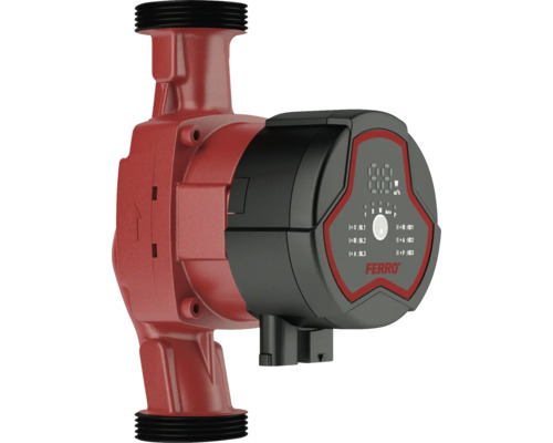 Červené obehové čerpadlo s digitálnym displejom a logom Ferro.