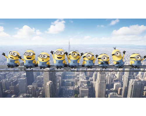 Obraz Decopanel Mimoni ART-M 40 x 133 cm Skupina žltých Mimoňov v laclákoch sedí na streche s výhľadom na mesto.