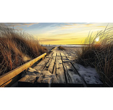 Drevený chodník cez duny na pláž pri západe slnka