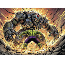 Ilustrácia konfrontácie medzi zelenou postavou a veľkou, obrnenou robotickou postavou