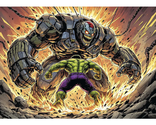 Obraz Decopanel Marvel Superheroes ART-H 100 x 70 cm Ilustrácia konfrontácie medzi zelenou postavou a veľkou, obrnenou robotickou postavou