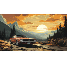 Veterán prechádza cestou malebnou horskou krajinou pri západe slnka.