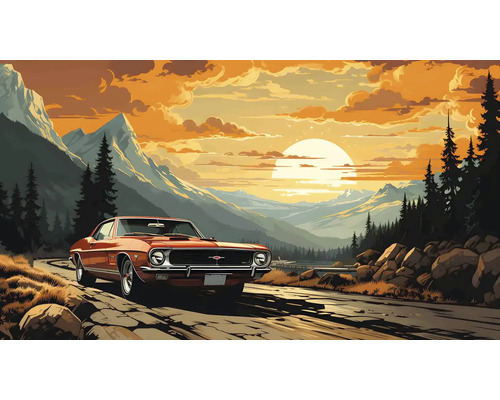 Obraz Decopanel ART-A 40 x 133 cm Veterán prechádza cestou malebnou horskou krajinou pri západe slnka.