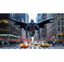 Batman letí nad newyorskou ulicou so žltými taxíkmi a ľuďmi.