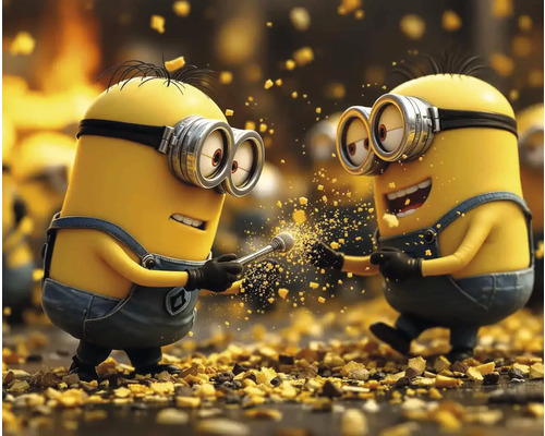 Obraz Decopanel Mimoni ART-M 60 x 100 cm Dvaja žltí Mimoni s okuliarmi interagujú s mikrofónom v zdobenom prostredí