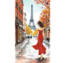 Ilustrácia ženy v Paríži s Eiffelovou vežou v pozadí.