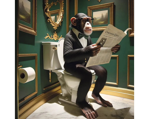 Obraz Decopanel ART-O 60 x 80 cm Šimpanz s okuliarmi a oblekom sedí na toalete a číta si noviny v kúpeľni s rámami obrazov na zelenej stene.