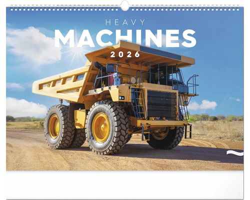 Nástenný kalendár Machines Stavebné stroje 2026 List kalendára so žltým sklápačom a nápisom Ťažké stroje 2026