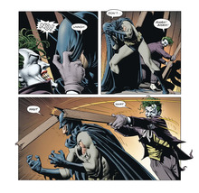 Komiksová scéna s Batmanom a Jokerom v konflikte.