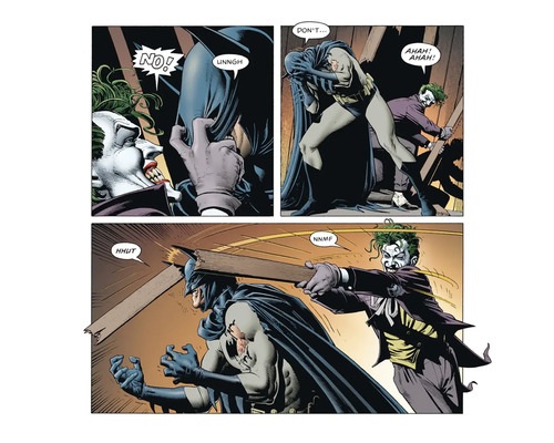 Komiksová scéna s Batmanom a Jokerom v konflikte.