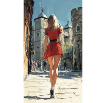 Ilustrácia ženy v šatách kráčajúcej po ulici v Londýne.