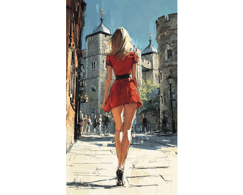 Obraz Decopanel Mesto 50 x 90 cm Ilustrácia ženy v šatách kráčajúcej po ulici v Londýne.