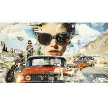 Koláž s veteránmi, púštnou krajinou a ženou so slnečnými okuliarmi