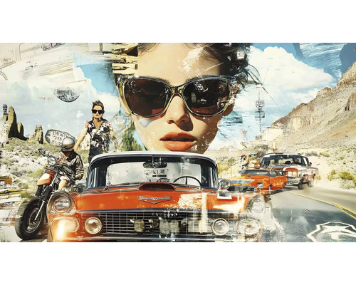 Obraz Decopanel USA 50 x 90 cm Koláž s veteránmi, púštnou krajinou a ženou so slnečnými okuliarmi