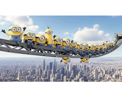 Obraz Decopanel Mimoni ART-M 40 x 60 cm Skupina Mimoňov sedí na oceľovej konštrukcii s mestom v pozadí.