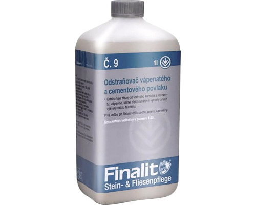 Finalit č. 9 - Odstraňovač vápenatého a cementového povlaku Finalit Odstraňovač vápenných a cementových povlakov pre starostlivosť o kameň a dlaždice v jednolitrovej fľaši