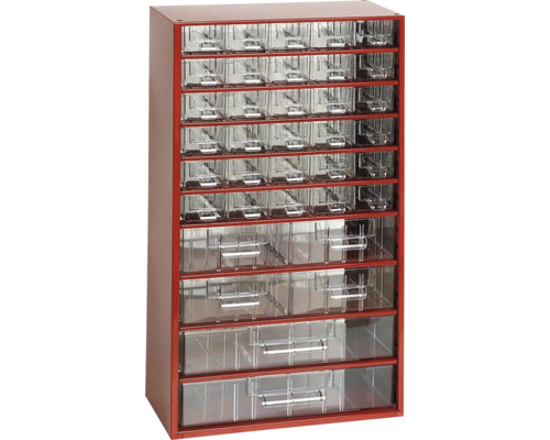 Skrinka s priehľadnými zásuvkami na uloženie drobných dielov