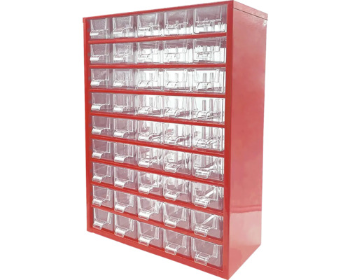 Zásobník na drobné diely s priehľadnými zásuvkami v červenom puzdre