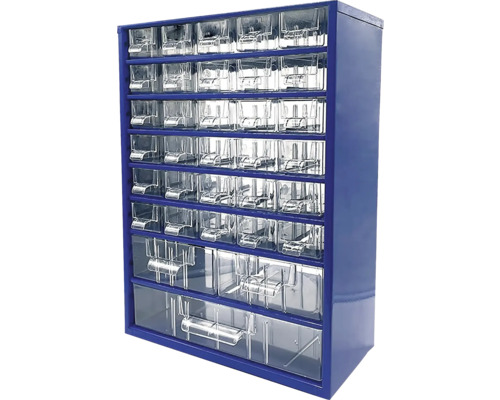 Modrá skriňa s priehľadnými zásuvkami na uskladnenie