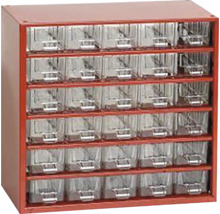 Skrinka s priehľadnými zásuvkami na uloženie drobných dielov