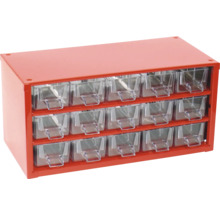 Červený zásobník na drobné diely s priehľadnými zásuvkami