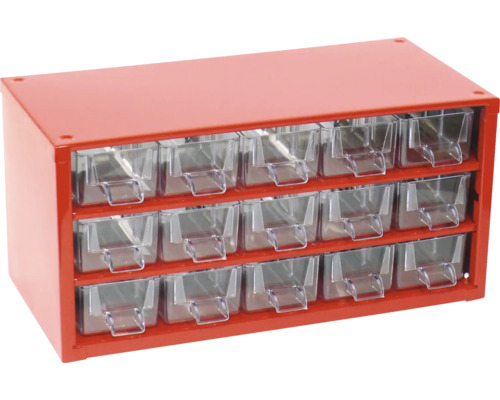 Červený zásobník na drobné diely s priehľadnými zásuvkami