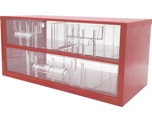 Červená skrinka na drobné diely s priehľadnými zásuvkami.