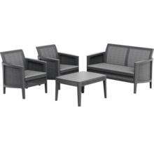 Sivá súprava záhradného nábytku s dvoma kreslami, pohovkou a stolom