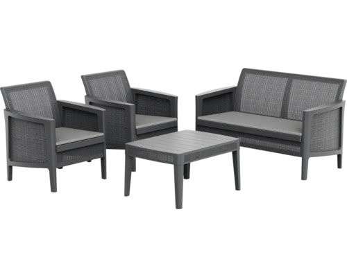 Sivá súprava záhradného nábytku s dvoma kreslami, pohovkou a stolom