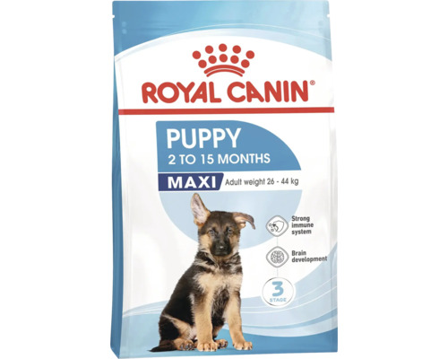Logo Royal Canin. Balenie suchého krmiva pre psov Puppy Maxi pre šteniatka od 2 do 15 mesiacov s konečnou hmotnosťou 26 až 44 kilogramov.