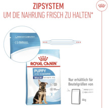 Krmivo pre šteňatá Royal Canin Puppy Maxi so zipsovým systémom na uchovanie čerstvosti krmiva. Dostupné len pre veľkosti vreciek 4 kilogramy.