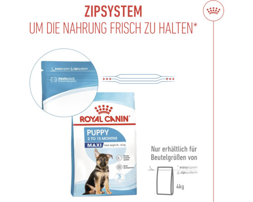 Krmivo pre šteňatá Royal Canin Puppy Maxi so zipsovým systémom na uchovanie čerstvosti krmiva. Dostupné len pre veľkosti vreciek 4 kilogramy.