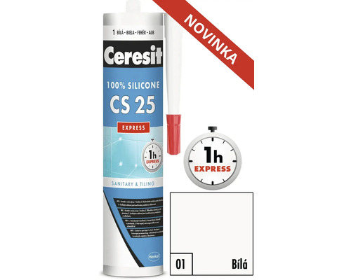Sanitárny silikón Ceresit CS 25 Express biela 280 ml Sanitárny a obkladový silikón Ceresit CS 25, vytvrdzuje sa behom jednej hodiny