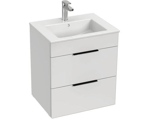 Kúpeľňová skrinka pod umývadlo CUBE 55 cm biela H4536121763001 Skrinka pod umývadlo s dvomi zásuvkami, umývadlom a batériou