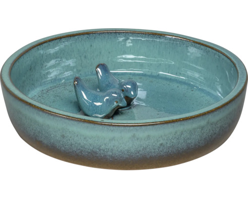 Pítko pre vtáky Lafiora Ø 32 x 8 cm tyrkysové Keramické napájadlo pre vtáky s dvoma vtáčími figúrkami