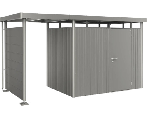 Kovový záhradný domček s posuvnými dverami a strechou