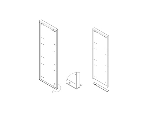 Ilustrácia dvoch bočných stien regála s montážnymi prvkami pre regálový systém