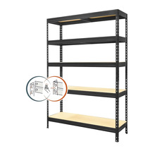 Čierny zásuvný regál s piatimi úrovňami a ilustráciou zostavenia