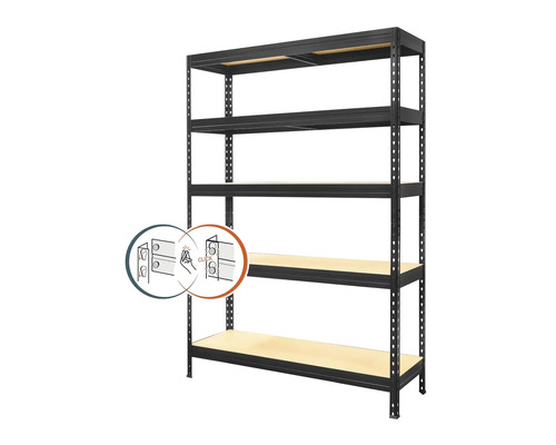Čierny zásuvný regál s piatimi úrovňami a ilustráciou zostavenia
