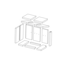 Rozložený nákres súpravy nábytku s doskami, bočnými stenami a príslušenstvom