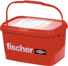 Červený vedro s logom Fischer na skrutky a hmoždinky