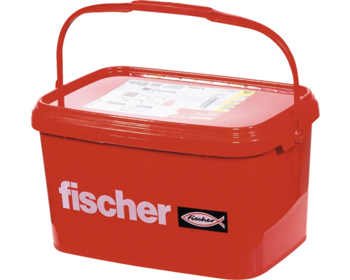 Červený vedro s logom Fischer na skrutky a hmoždinky