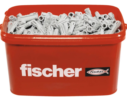 Hmoždinky Fischer v červenom vedre s logom Fischer