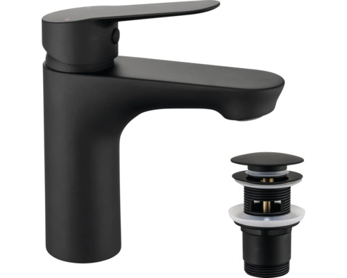 Čierna umývadlová batéria s odtokovou súpravou